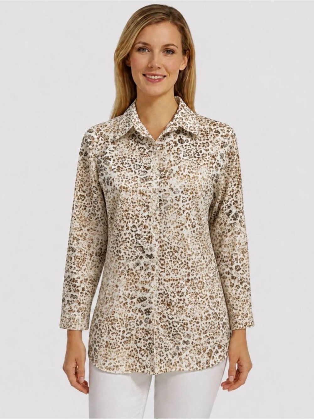 Chico's Cream and Brown Leopard-Print Button-Down No-Iron Shirt